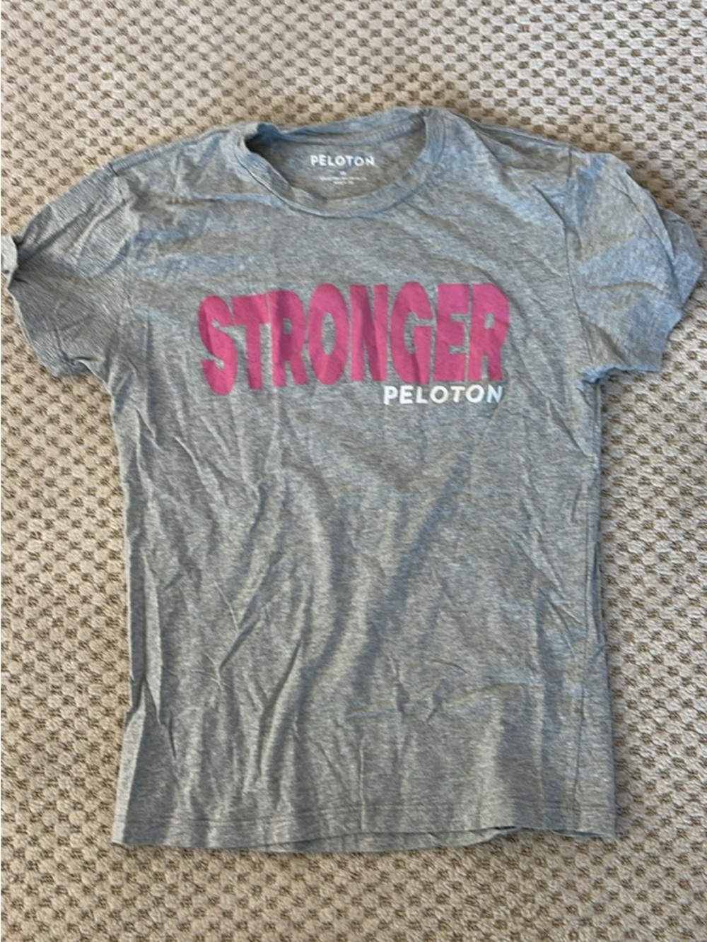 Peloton Gray Short Sleeve Tee with Pink "STRONGER" Graphic